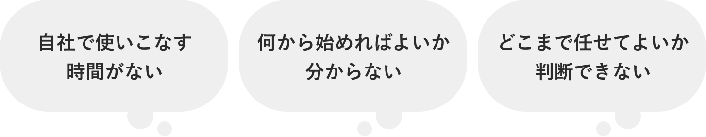 「自社で使いこなす時間がない」「何から始めればよいか分からない」「どこまで任せてよいか判断できない」というよくあるお悩み